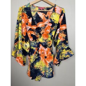 Betsey Johnson Abstract Floral Empire Tie Back Waist Bell Sleeve Top Resort Wear